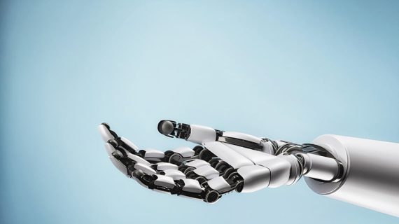 Outstretched robot hand against a light blue background.