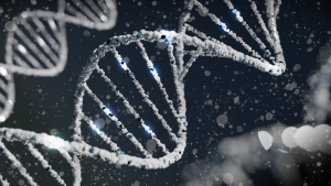 A grayscale image of magnified strands of DNA.