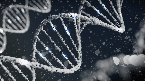 A grayscale image of magnified strands of DNA.